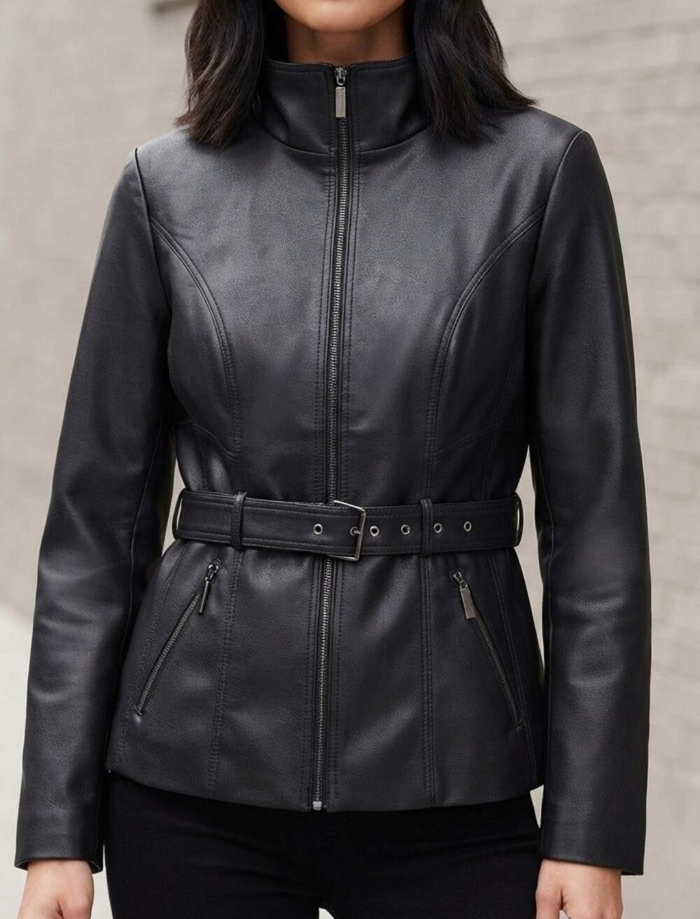 Kenneth Cole New York Black Faux Leather Moto Jacket Belted Zip Pockets Size L